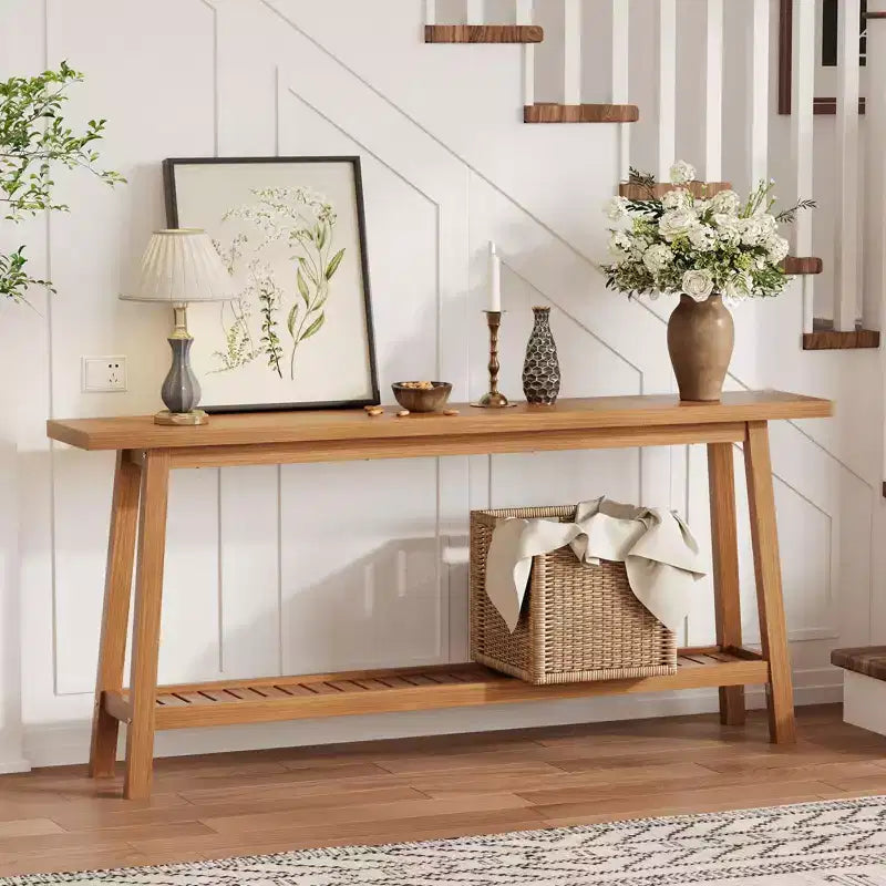 Extra Long 70.9 2-Tier Wooden Console Table - Narrow Rustic Farmhouse Sofa Table Behind Couch for Hallway, Entryway, Foyer