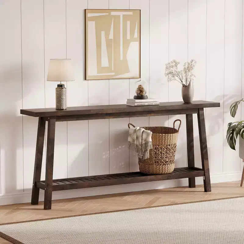 Extra Long 70.9 2-Tier Wooden Console Table - Narrow Rustic Farmhouse Sofa Table Behind Couch for Hallway, Entryway, Foyer