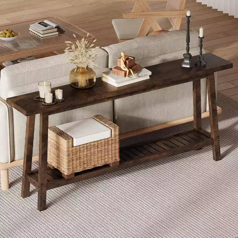 Extra Long 70.9 2-Tier Wooden Console Table - Narrow Rustic Farmhouse Sofa Table Behind Couch for Hallway, Entryway, Foyer