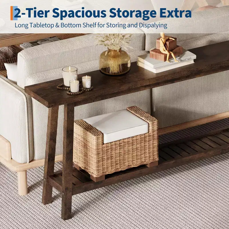 Extra Long 70.9 2-Tier Wooden Console Table - Narrow Rustic Farmhouse Sofa Table Behind Couch for Hallway, Entryway, Foyer