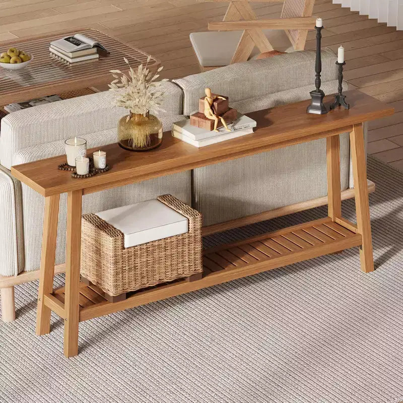 Extra Long 70.9 2-Tier Wooden Console Table - Narrow Rustic Farmhouse Sofa Table Behind Couch for Hallway, Entryway, Foyer