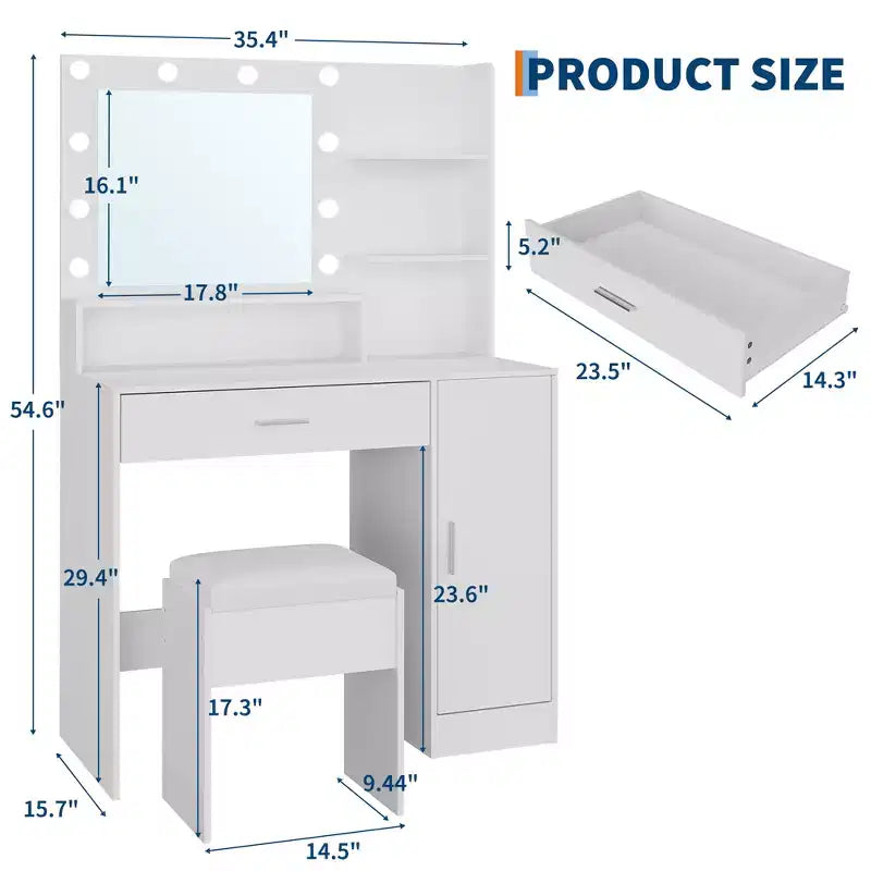 Coiffeuse moderne GustoWave avec miroir, tabouret de rangement à 4 tiroirs, table de maquillage pour chambre à coucher ou appartement
