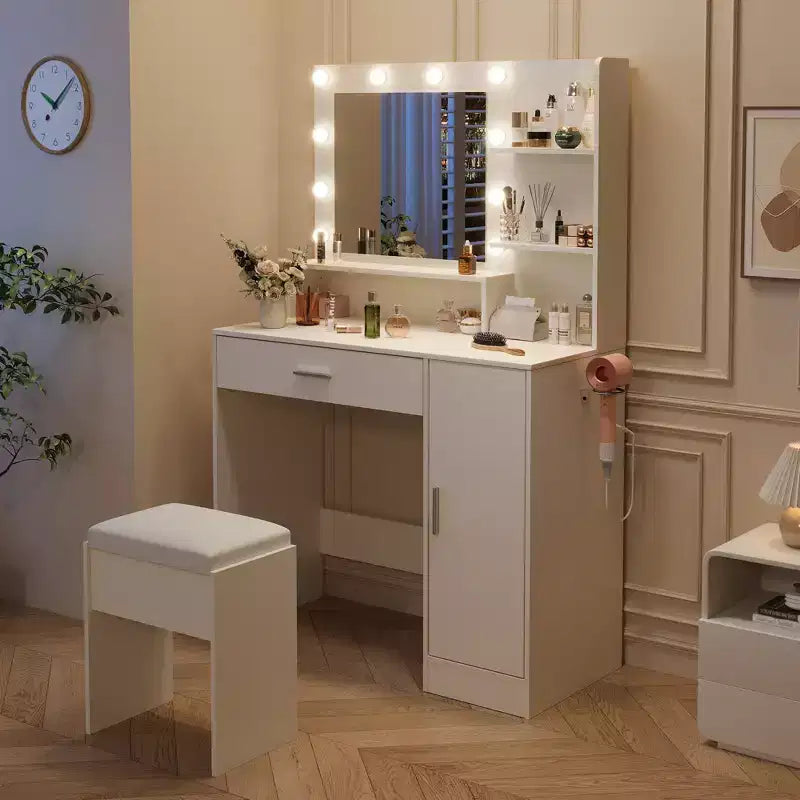 Coiffeuse moderne GustoWave avec miroir, tabouret de rangement à 4 tiroirs, table de maquillage pour chambre à coucher ou appartement