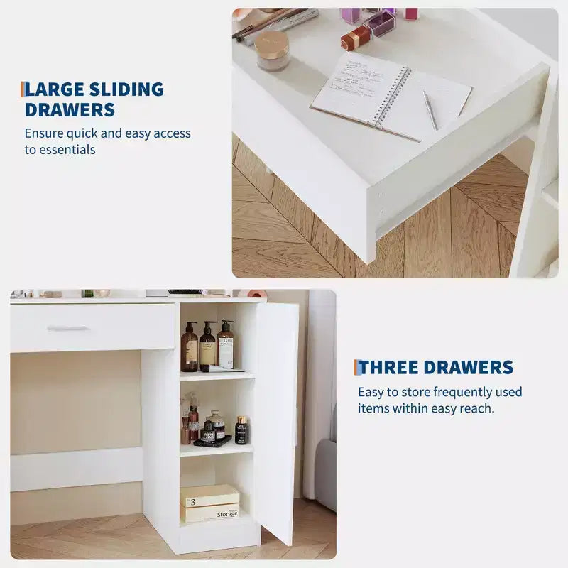 Coiffeuse moderne GustoWave avec miroir, tabouret de rangement à 4 tiroirs, table de maquillage pour chambre à coucher ou appartement