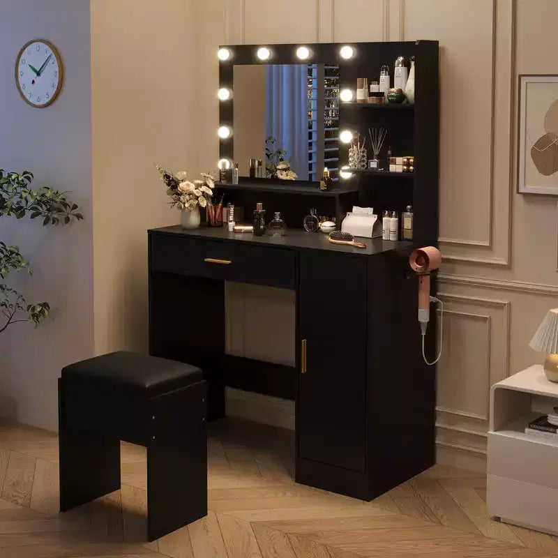 Coiffeuse moderne GustoWave avec miroir, tabouret de rangement à 4 tiroirs, table de maquillage pour chambre à coucher ou appartement
