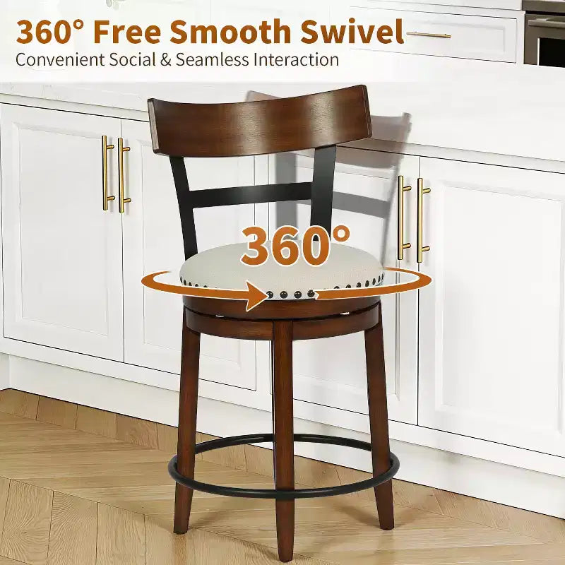 FDW Swivel Counter Height Bar Stool  24.4 Counter Height, 360 Swivel, Metal & Wood Frame, Upholstered Seat with Metal Footrest