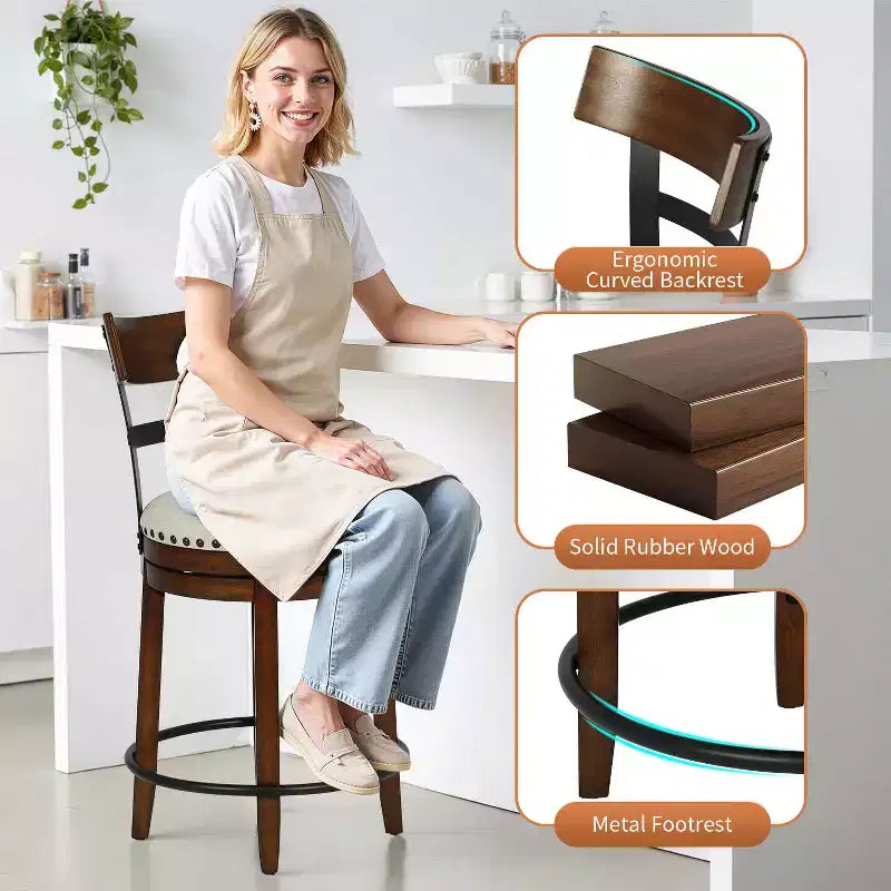 FDW Swivel Counter Height Bar Stool  24.4 Counter Height, 360 Swivel, Metal & Wood Frame, Upholstered Seat with Metal Footrest