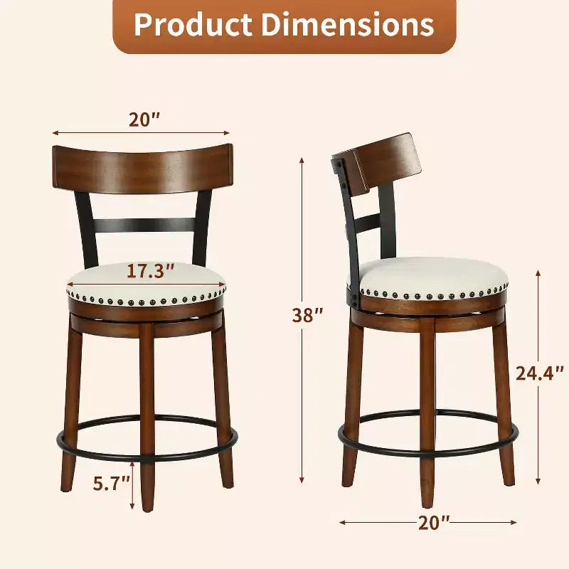 FDW Swivel Counter Height Bar Stool  24.4 Counter Height, 360 Swivel, Metal & Wood Frame, Upholstered Seat with Metal Footrest