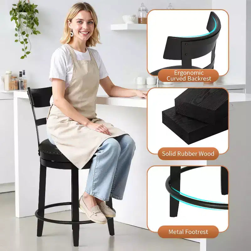 FDW Swivel Counter Height Bar Stool  24.4 Counter Height, 360 Swivel, Metal & Wood Frame, Upholstered Seat with Metal Footrest