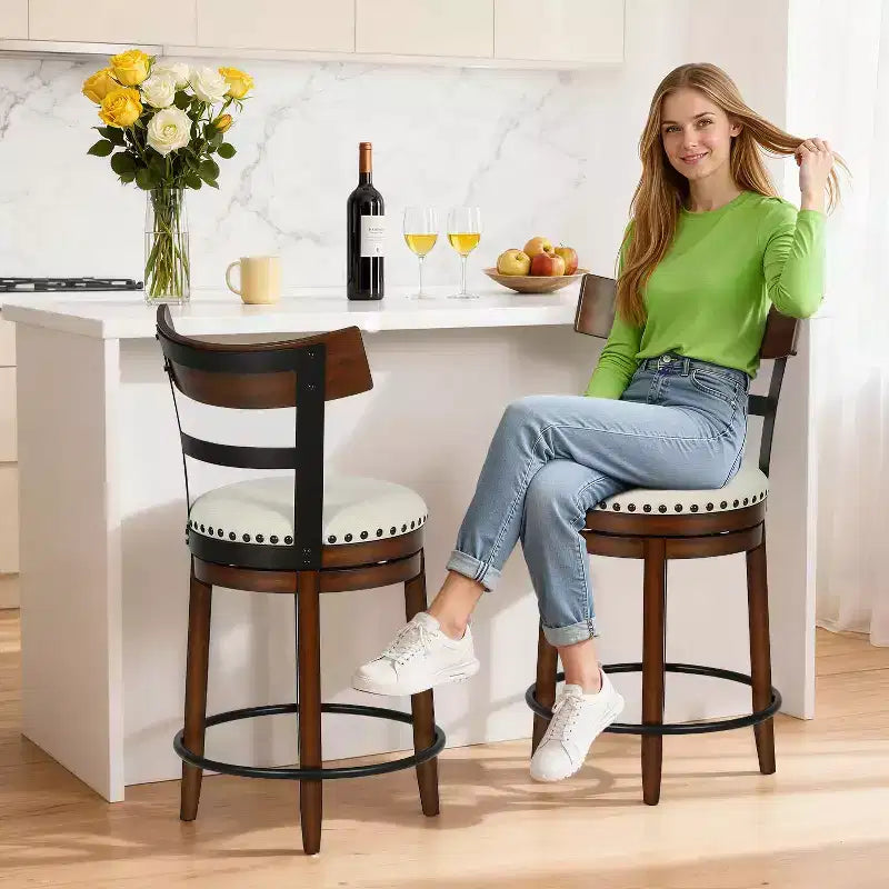 FDW Swivel Counter Height Bar Stool  24.4 Counter Height, 360 Swivel, Metal & Wood Frame, Upholstered Seat with Metal Footrest
