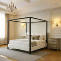 Queen/King Size Canopy Bed Upholstered Platform Bed Frame with Soft Padded Headboard & Sturdy Black Metal Frame, White - ModernLuxe