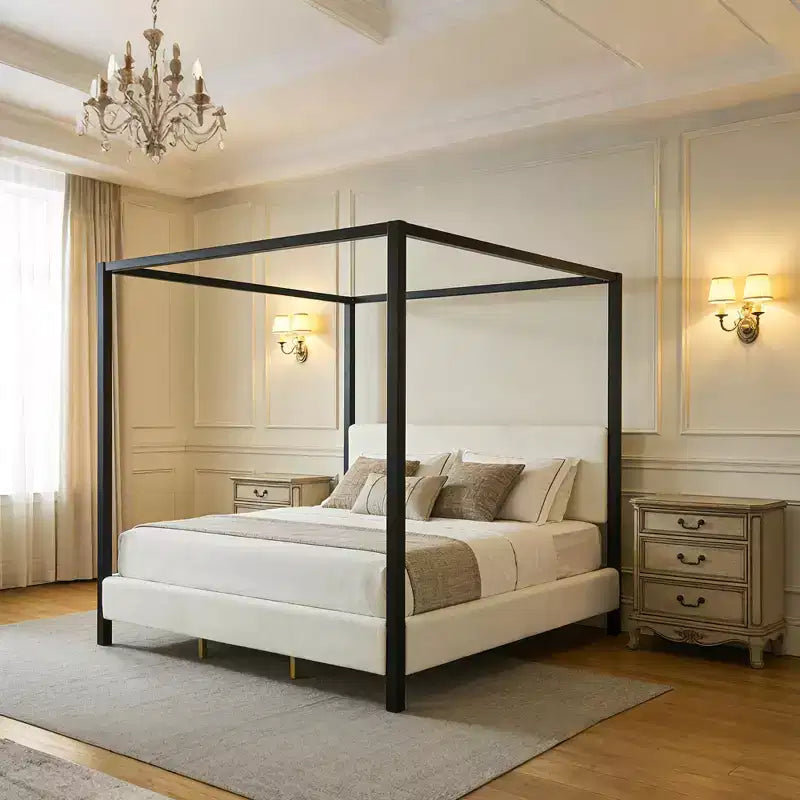 Queen/King Size Canopy Bed Upholstered Platform Bed Frame with Soft Padded Headboard & Sturdy Black Metal Frame, White - ModernLuxe