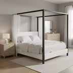 Queen/King Size Canopy Bed Upholstered Platform Bed Frame with Soft Padded Headboard & Sturdy Black Metal Frame, White - ModernLuxe