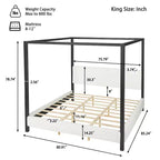 Queen/King Size Canopy Bed Upholstered Platform Bed Frame with Soft Padded Headboard & Sturdy Black Metal Frame, White - ModernLuxe