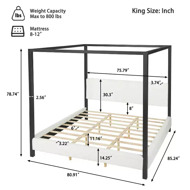 Queen/King Size Canopy Bed Upholstered Platform Bed Frame with Soft Padded Headboard & Sturdy Black Metal Frame, White - ModernLuxe