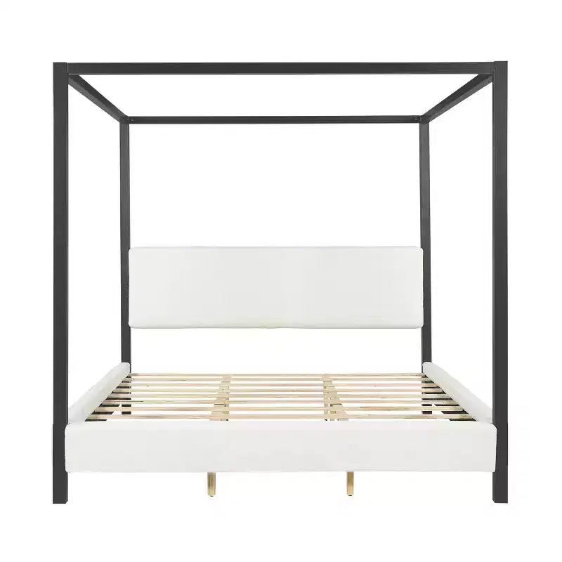 Queen/King Size Canopy Bed Upholstered Platform Bed Frame with Soft Padded Headboard & Sturdy Black Metal Frame, White - ModernLuxe