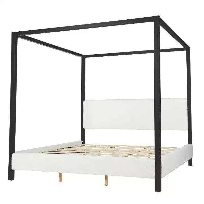 Queen/King Size Canopy Bed Upholstered Platform Bed Frame with Soft Padded Headboard & Sturdy Black Metal Frame, White - ModernLuxe