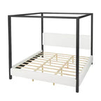 Queen/King Size Canopy Bed Upholstered Platform Bed Frame with Soft Padded Headboard & Sturdy Black Metal Frame, White - ModernLuxe