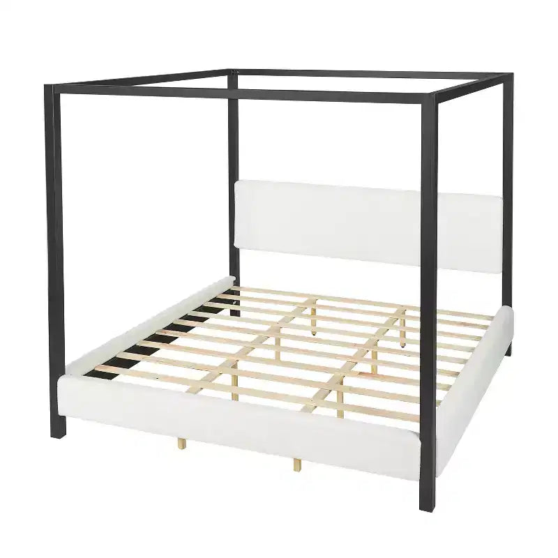 Queen/King Size Canopy Bed Upholstered Platform Bed Frame with Soft Padded Headboard & Sturdy Black Metal Frame, White - ModernLuxe