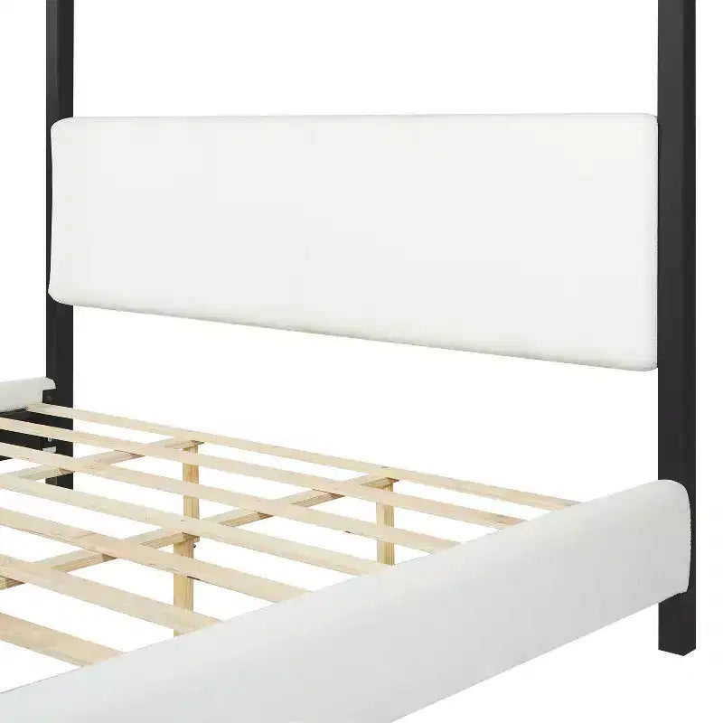 Queen/King Size Canopy Bed Upholstered Platform Bed Frame with Soft Padded Headboard & Sturdy Black Metal Frame, White - ModernLuxe