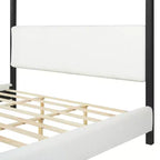 Queen/King Size Canopy Bed Upholstered Platform Bed Frame with Soft Padded Headboard & Sturdy Black Metal Frame, White - ModernLuxe