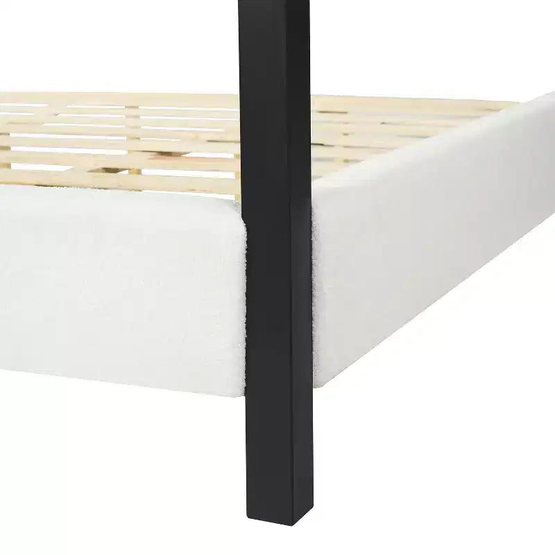 Queen/King Size Canopy Bed Upholstered Platform Bed Frame with Soft Padded Headboard & Sturdy Black Metal Frame, White - ModernLuxe