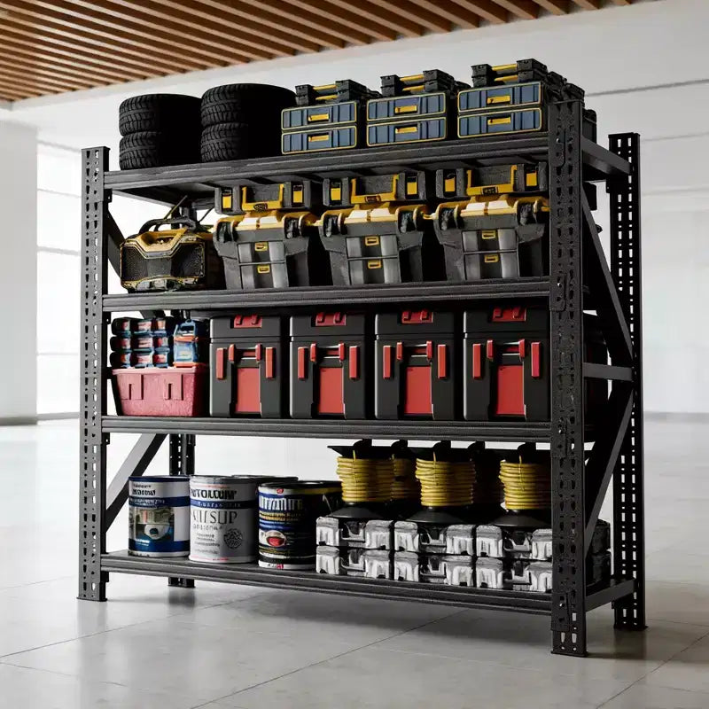 VIYET 63H, Étagère de garage métallique robuste à 4 niveaux, capacité de 2268 kg, unité de rangement industrielle réglable, noire