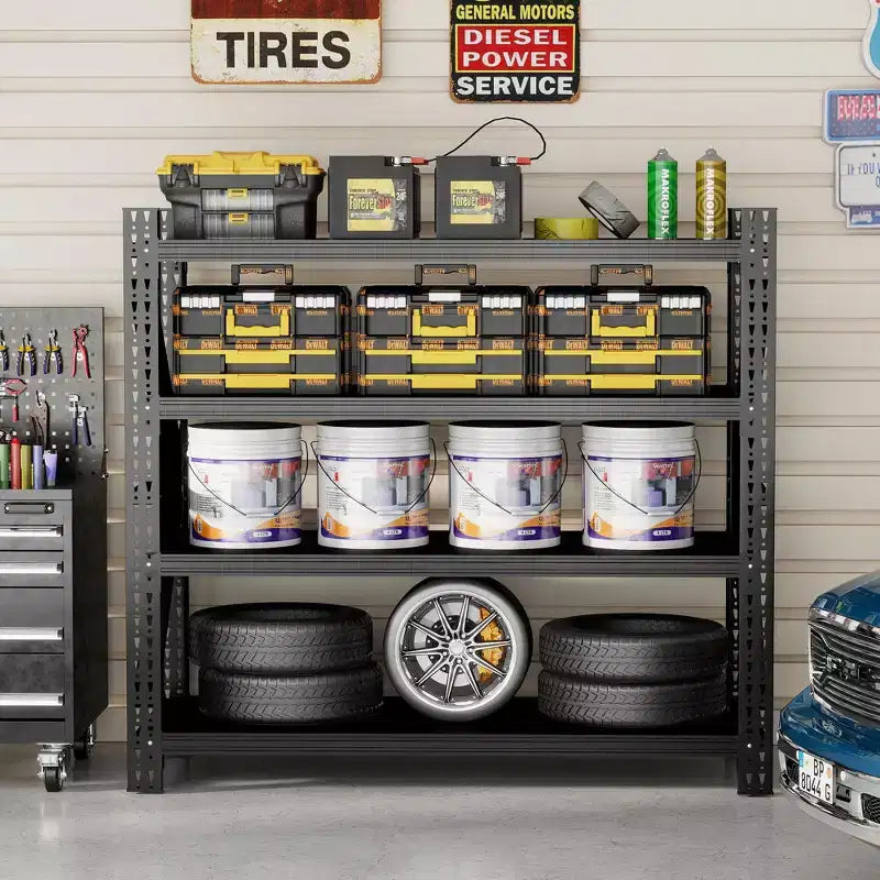 VIYET 63H, Étagère de garage métallique robuste à 4 niveaux, capacité de 2268 kg, unité de rangement industrielle réglable, noire