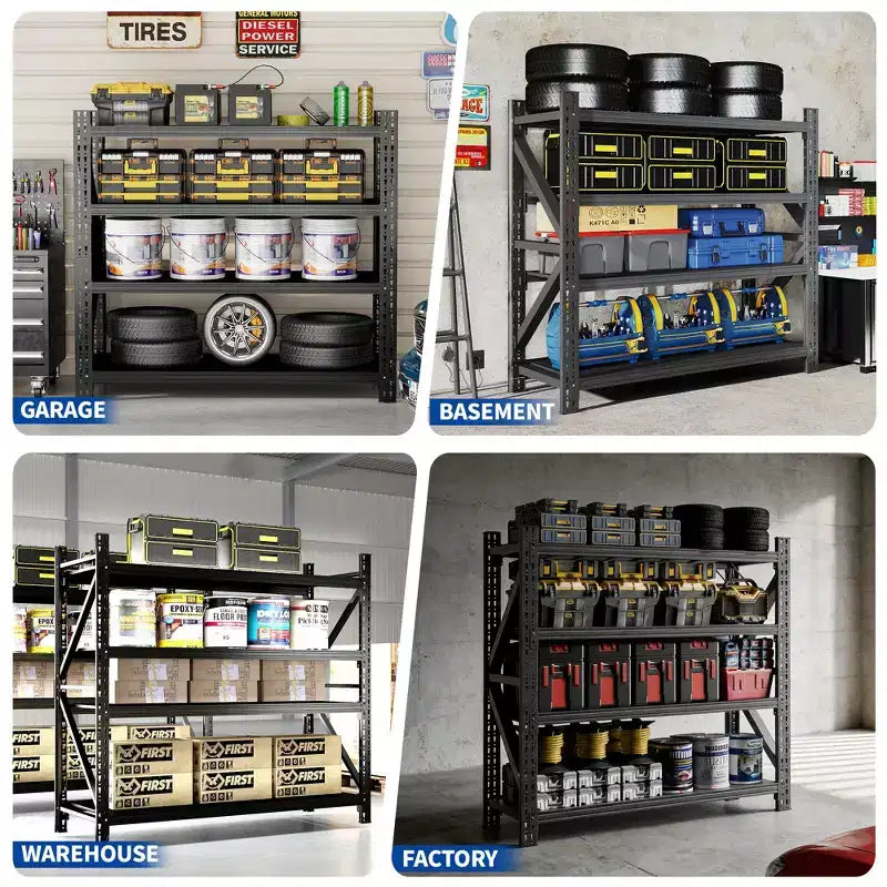 VIYET 63H, Étagère de garage métallique robuste à 4 niveaux, capacité de 2268 kg, unité de rangement industrielle réglable, noire