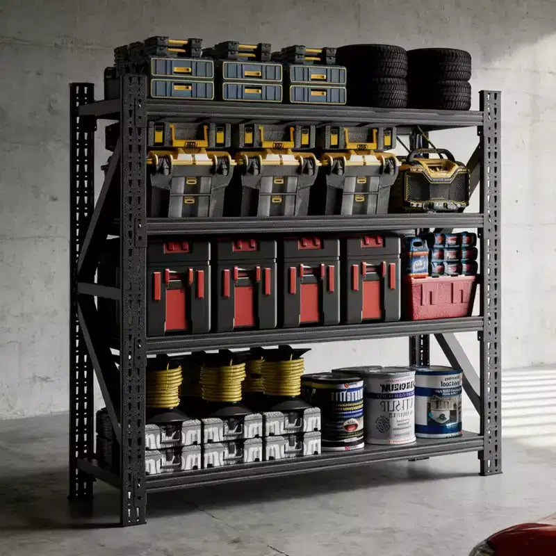 VIYET 63H, Étagère de garage métallique robuste à 4 niveaux, capacité de 2268 kg, unité de rangement industrielle réglable, noire