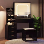 Modern Makeup Vanity with Sliding LED Mirror, Power Outlet, Storage Drawers, Shelves, Adjustable Lighting and Stool