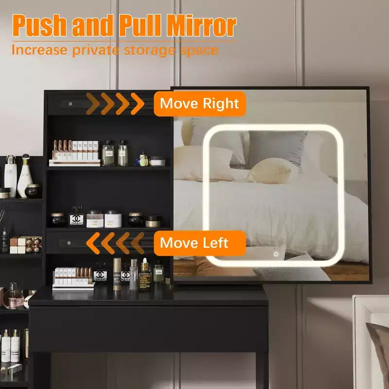 Modern Makeup Vanity with Sliding LED Mirror, Power Outlet, Storage Drawers, Shelves, Adjustable Lighting and Stool