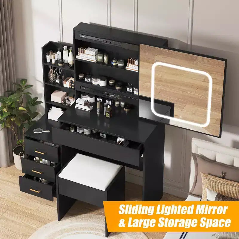 Modern Makeup Vanity with Sliding LED Mirror, Power Outlet, Storage Drawers, Shelves, Adjustable Lighting and Stool