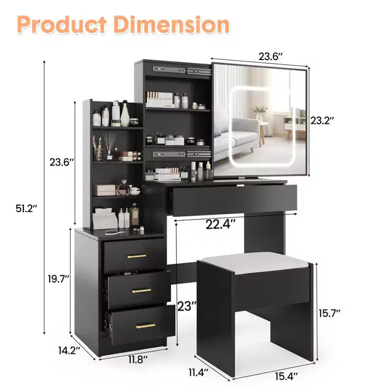 Modern Makeup Vanity with Sliding LED Mirror, Power Outlet, Storage Drawers, Shelves, Adjustable Lighting and Stool