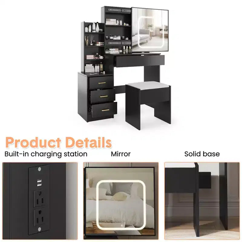 Modern Makeup Vanity with Sliding LED Mirror, Power Outlet, Storage Drawers, Shelves, Adjustable Lighting and Stool