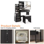 Modern Makeup Vanity with Sliding LED Mirror, Power Outlet, Storage Drawers, Shelves, Adjustable Lighting and Stool