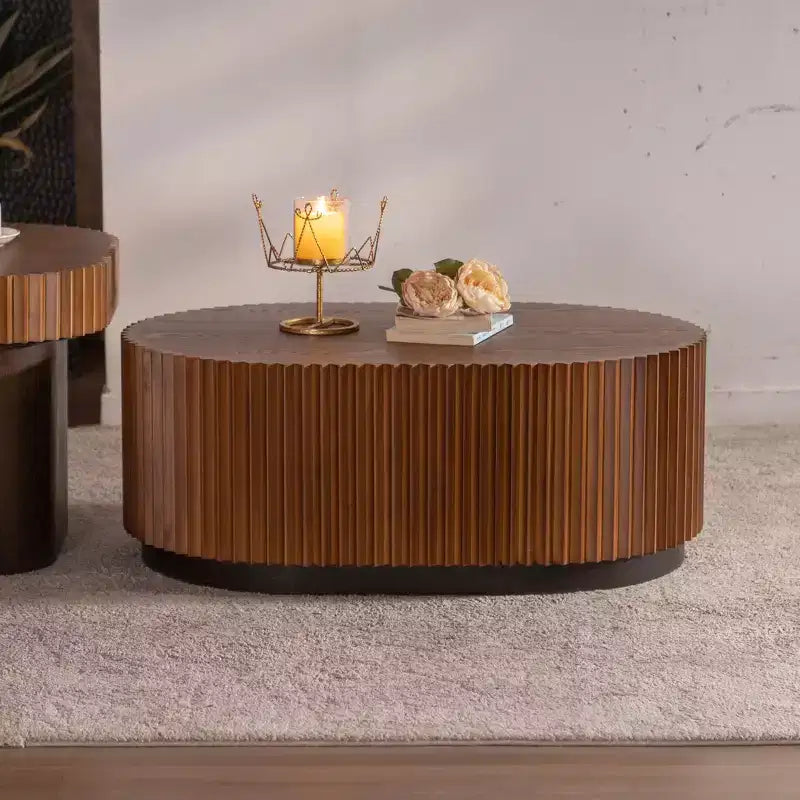 JVNOXK Set of 2 Fluted Oval Coffee Table - Solid Wood & MDF Nesting Coffee Table Set (35.43/23.62), Mid-Century Modern Wood Table for Living Room
