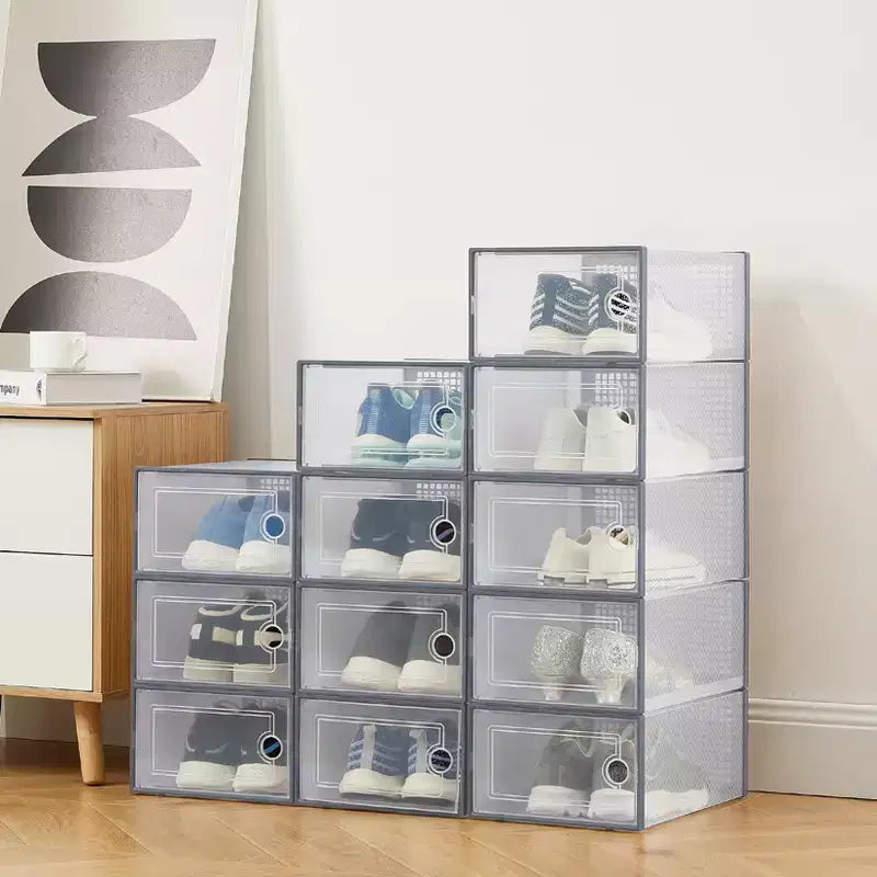 12 Pack Stackable Shoe Organizers x-Large Clear Plastic Storage Boxes with Durable Lids for Sneakers, Toys, Closet & Under Bed Storage