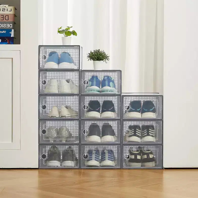 12 Pack Stackable Shoe Organizers x-Large Clear Plastic Storage Boxes with Durable Lids for Sneakers, Toys, Closet & Under Bed Storage