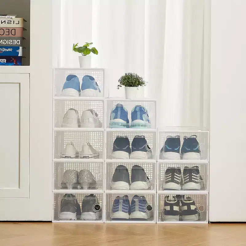 12 Pack Stackable Shoe Organizers x-Large Clear Plastic Storage Boxes with Durable Lids for Sneakers, Toys, Closet & Under Bed Storage
