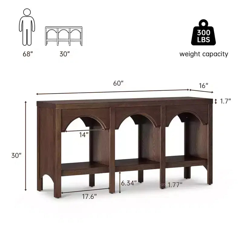 Console d'entrée de 150 cm, table de canapé arquée avec étagère ouverte pour couloir, hall d'entrée ou salon, table d'appoint décorative
