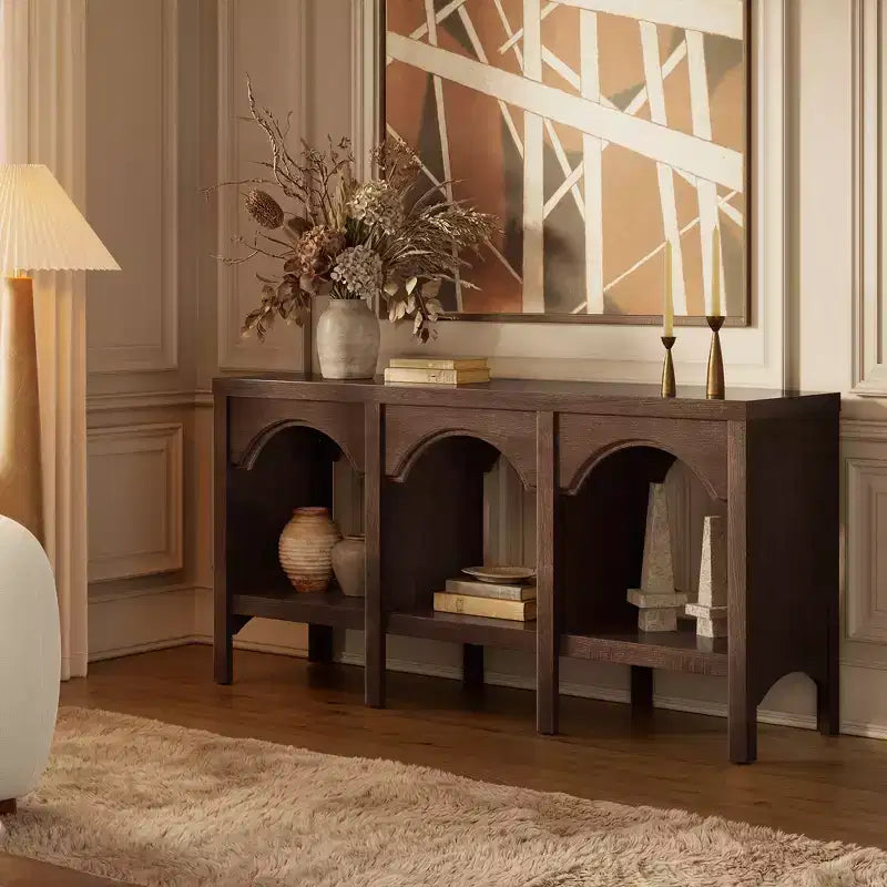 Console d'entrée de 150 cm, table de canapé arquée avec étagère ouverte pour couloir, hall d'entrée ou salon, table d'appoint décorative