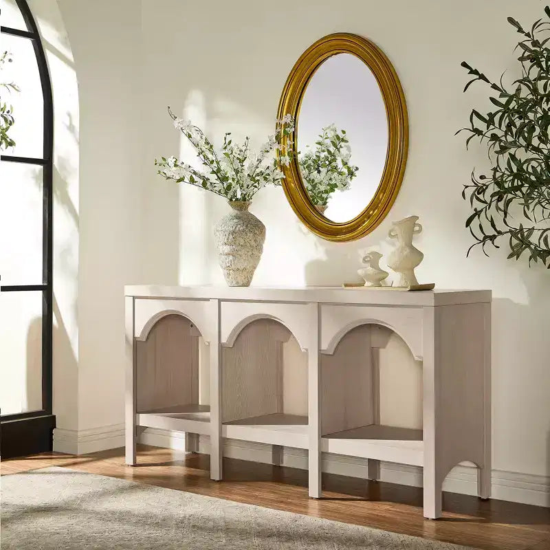 Console d'entrée de 150 cm, table de canapé arquée avec étagère ouverte pour couloir, hall d'entrée ou salon, table d'appoint décorative