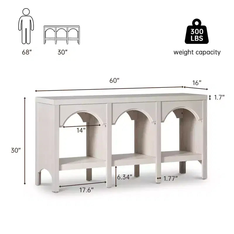 Console d'entrée de 150 cm, table de canapé arquée avec étagère ouverte pour couloir, hall d'entrée ou salon, table d'appoint décorative