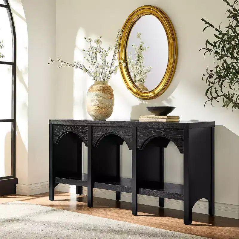 Console d'entrée de 150 cm, table de canapé arquée avec étagère ouverte pour couloir, hall d'entrée ou salon, table d'appoint décorative