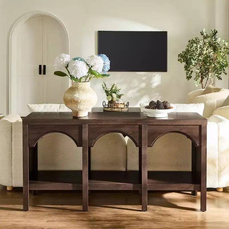 Console d'entrée de 150 cm, table de canapé arquée avec étagère ouverte pour couloir, hall d'entrée ou salon, table d'appoint décorative