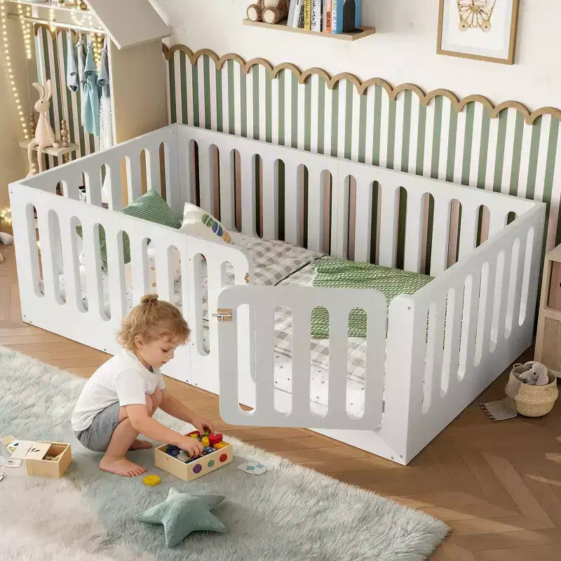 Twin Size Montessori Floor Bed with High Fence and Door, Solid Wood Kids Bed, Low Profile Design, White