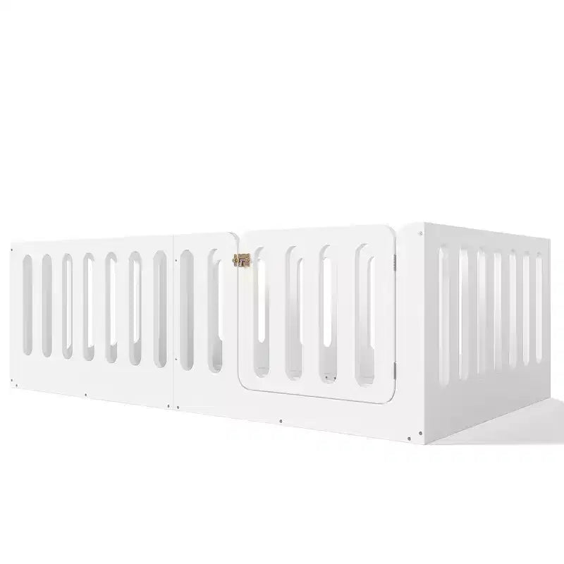 Lit au sol Montessori une place avec barrière haute et porte, lit pour enfant en bois massif, design à profil bas, blanc