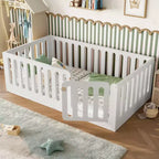 Lit au sol Montessori une place avec barrière haute et porte, lit pour enfant en bois massif, design à profil bas, blanc