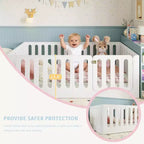Lit au sol Montessori une place avec barrière haute et porte, lit pour enfant en bois massif, design à profil bas, blanc